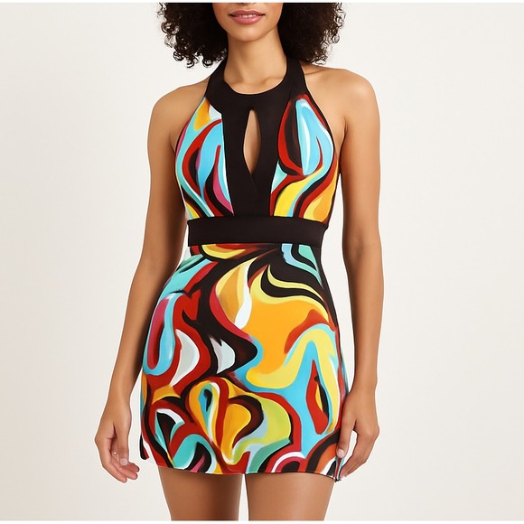 Womens M Multicolor Halter Mini Dress Psychedelic Swirl Print Y2K Festival Retro - Picture 1 of 16